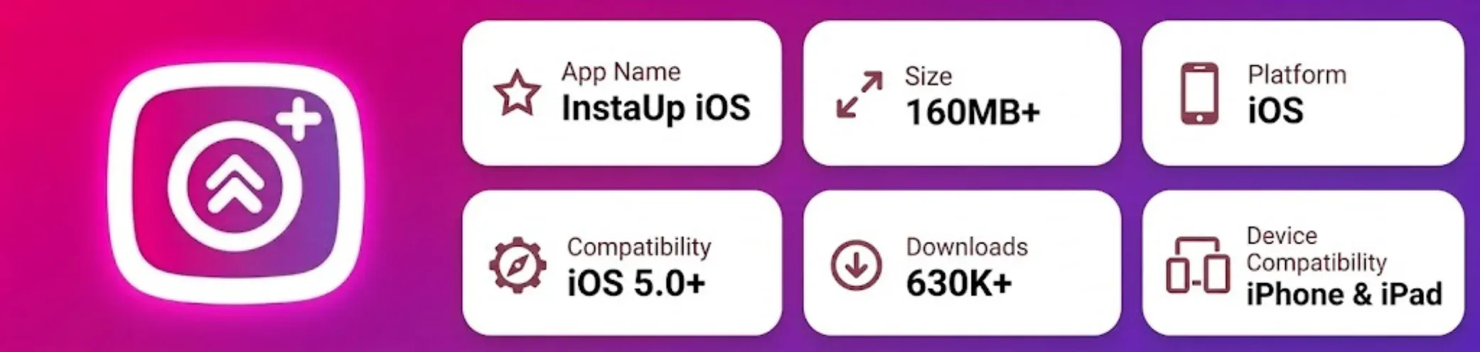 InstaUp app specifications for iOS — file size, compatibility, and supported devices