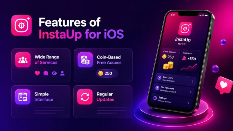 Key features of InstaUp for iOS — coin-based access, wide service range, and simple interface