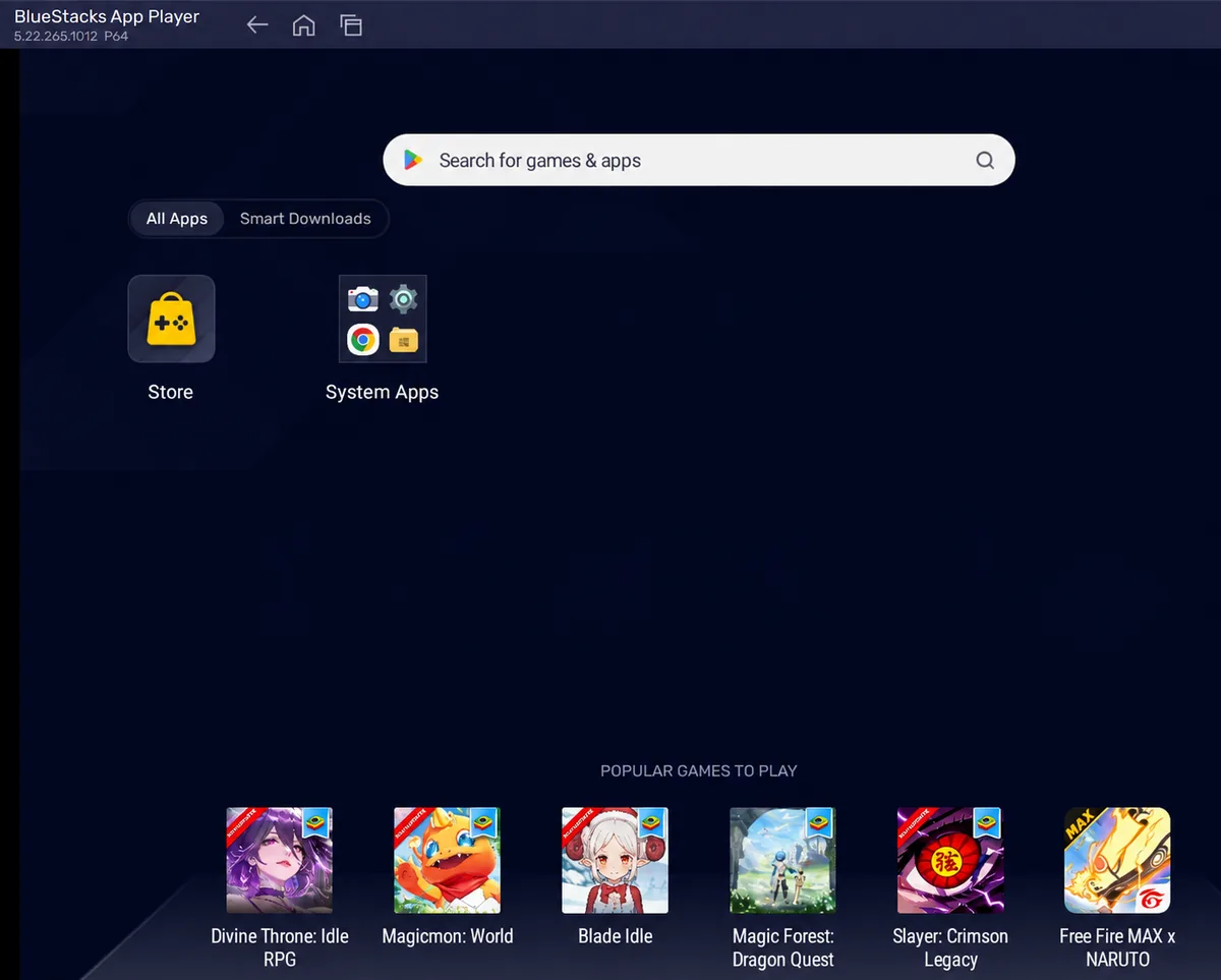 InstaUp for PC 2 BlueStacks 5 home screen on Windows before installing InstaUp